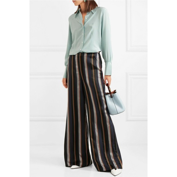 ROKSANDA Navy Blue Stripe ARNEAU High Waist Wide Leg Trousers Pants UK 14 US 10
